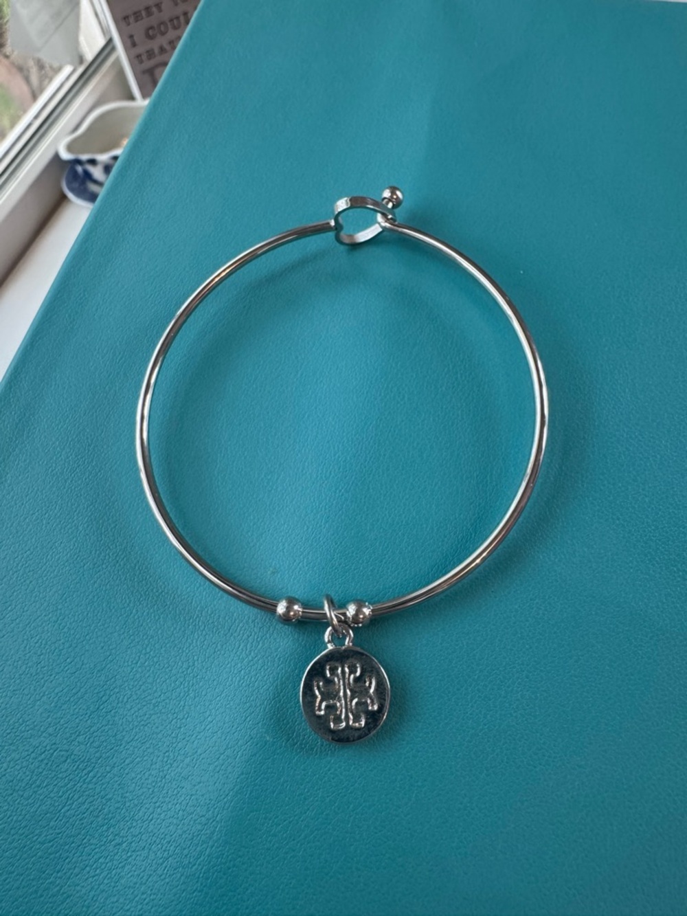 Upcycled authentic Tory Burch Silver Logo Disc Bangle Bracelet - Picture 2 of 7